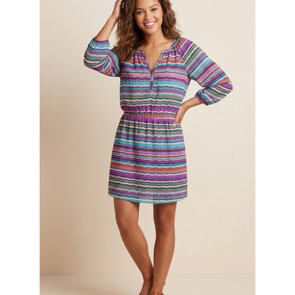 Shoshanna Silk Shift Dress Colorful Striped Knee Length Peasant Relaxed Small